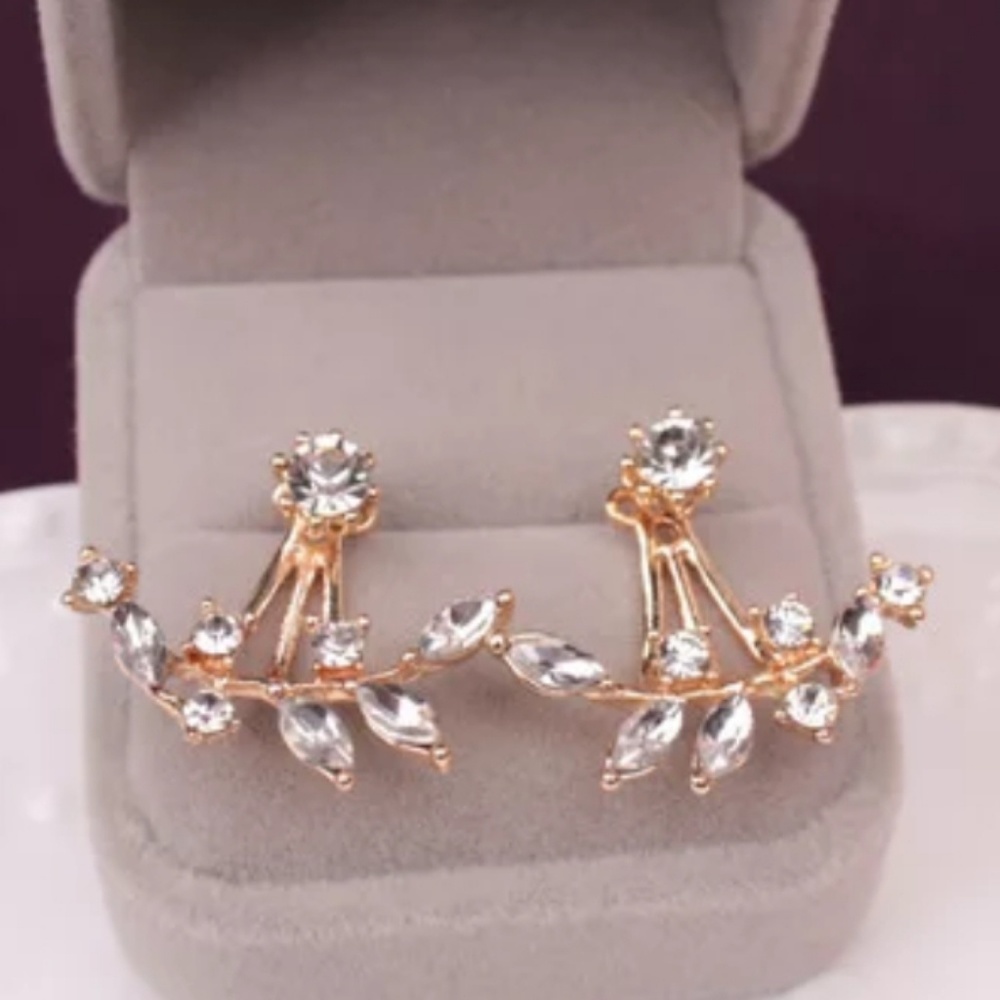 Crystal Flower Front Back Stud Earrings Gold Color - Picture 2 of 3